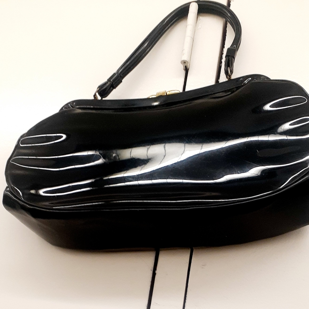 Vtg 60s Black Patent Rockabilly Kelly Bag Handbag Oversized Granny Purse - Picture 4 of 9